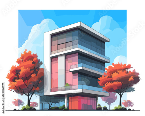 Vector illustration of modern house on the street with trees and grass.