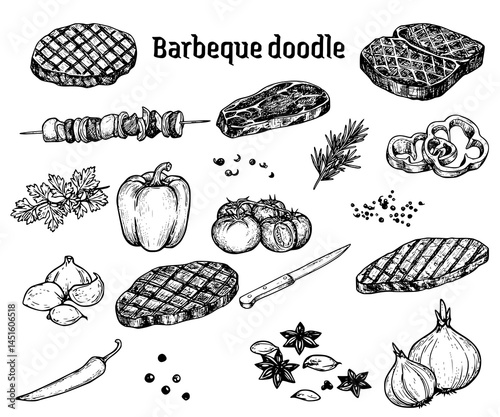 Hand drawn food vintage doodle style featuring Barbeque doodle grill barbecue grilled vegetables fried steak meat vector Illustration