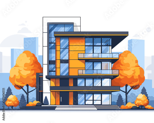 Vector illustration of modern house on the street with trees and grass.