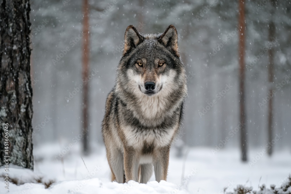 Naklejka premium Gray Wolf Stands in Snowy Forest During Winter Blizzard, Majestic Predator in Wild Habitat, Nature's Beauty