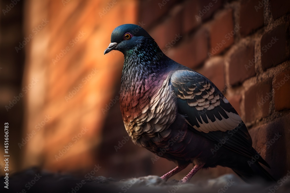 Fototapeta premium A detailed close up of a pigeon standing near a brick wall in soft warm lighting conditions outdoors