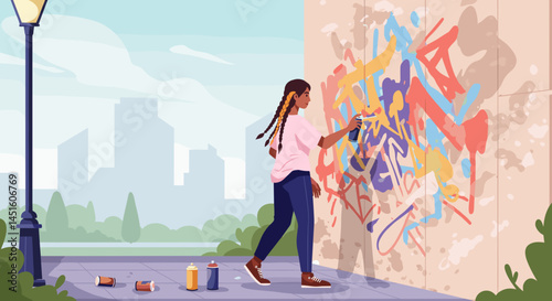 Young artist paints with spray paint, celebrating urban creativity and artistic expression