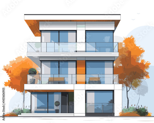 Modern apartment building in the autumn forest. Flat style vector illustration.
