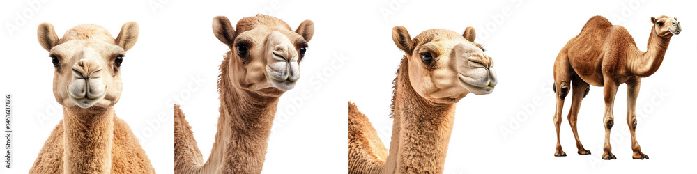 Fototapeta premium Close-up portraits of curious camels in the desert.
