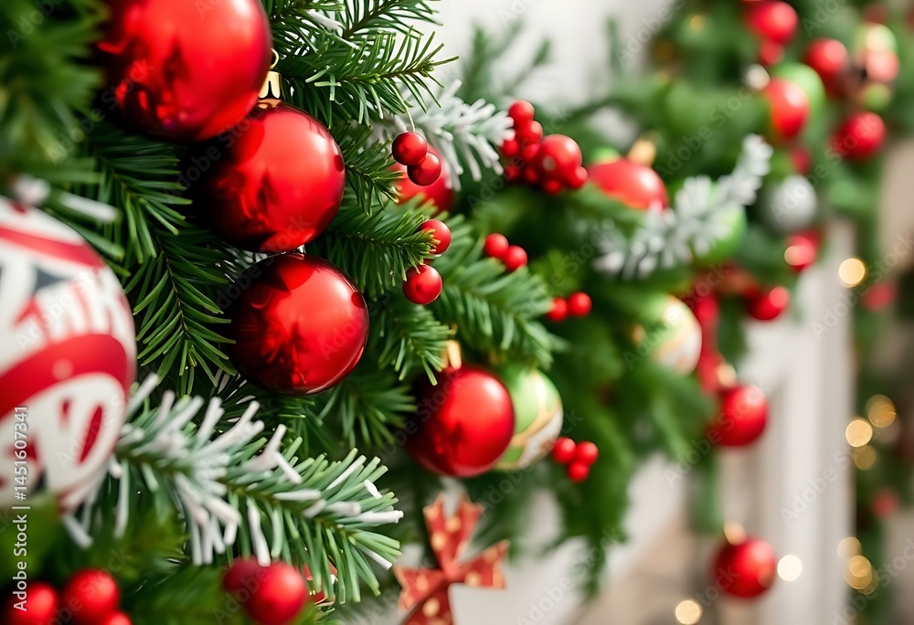 row of christmas decorations on a wall