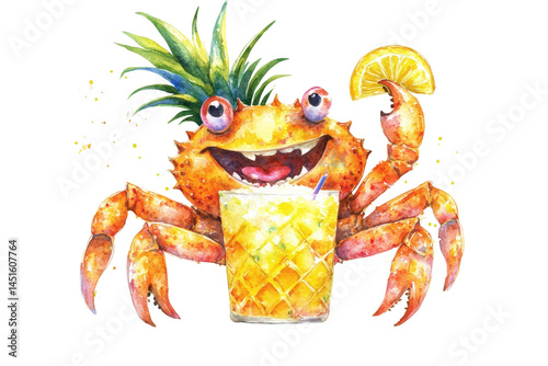 Cheerful cartoon crab holding a tropical drink with a pineapple on its head and a lemon slice in its claw, perfect for summer beach party themes and promotions