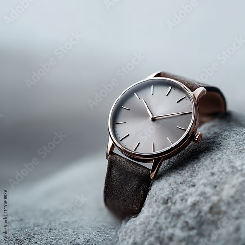 Elegant wristwatch on textured surface, showcasing minimalistic design and neutral color palette