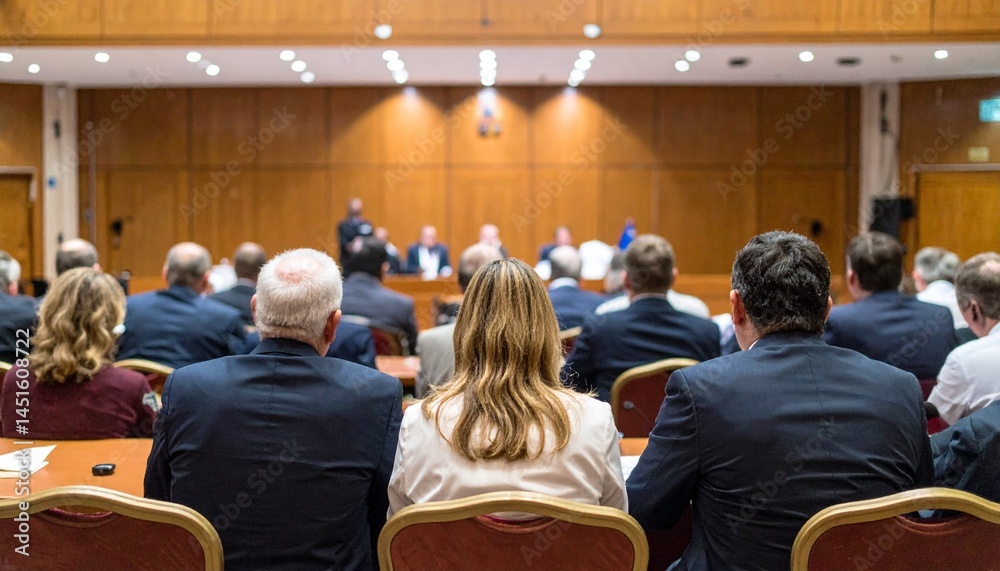 Obraz premium Inclusive parliament scene with diverse representatives seated in a modern chamber, engaged in professional dialogue