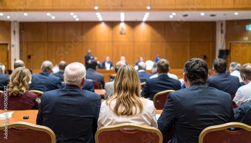 Inclusive parliament scene with diverse representatives seated in a modern chamber, engaged in professional dialogue