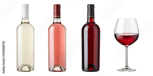 3d white rose red wine bottle and glass set isolated on white background png