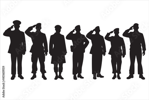 Silhouette of Saluting Soldiers and Officers in Uniform