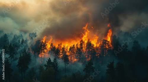 A forest fire engulfing trees with smoke rising into the atmosphere. photo