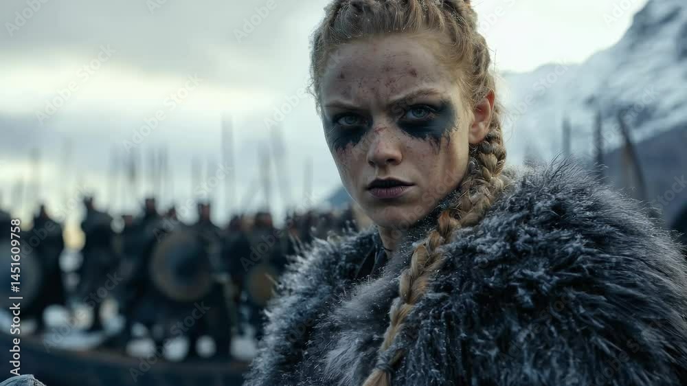 The fierce gaze of a strong Viking woman warrior: intense expression, battle spirit, fearless glance, Norse strength, warrior pride, ancient courage, piercing eyes, fierce presence, valiant heart.