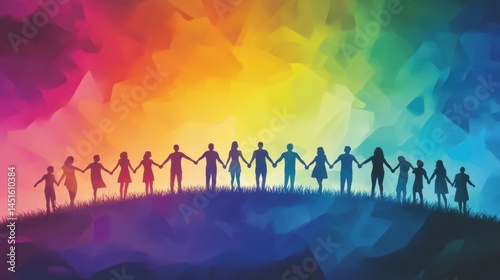 Colorful, abstract image diverse group holding hands on hill, symbolizing unity, pride, support for LGBTQ+ community. Vivid colors abstract background harmony togetherness, celebrating inclusivity.