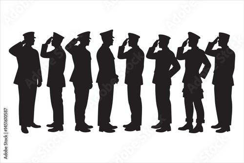 Silhouette of Saluting Soldiers and Officers in Uniform