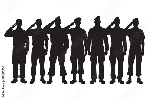 Silhouette of Saluting Soldiers and Officers in Uniform