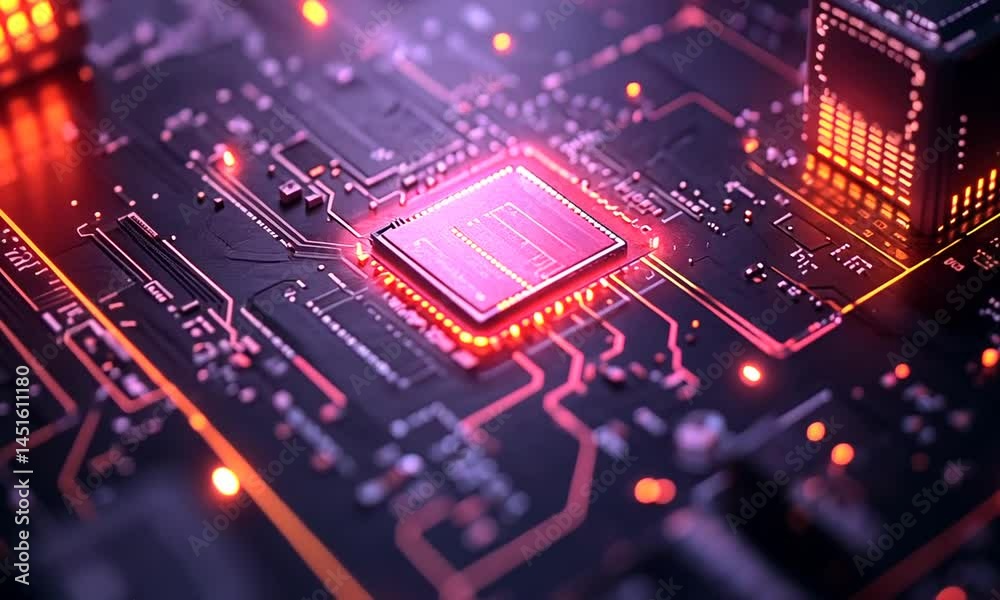 Close-up view of a vibrant circuit board with glowing microchips and intricate connections Close-up view of a vibrant circuit board with glowing microchips and intricate connections