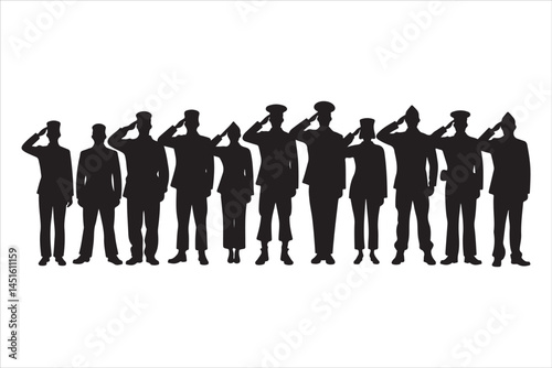 Silhouette of Saluting Soldiers and Officers in Uniform