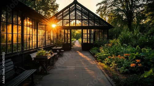 A beautiful greenhouse bathed in the warm glow of the sun