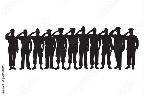 Silhouette of Saluting Soldiers and Officers in Uniform