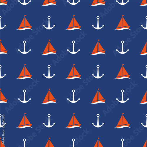 Seamless nautical pattern with sailboats and anchors. Sea concept backdrop.