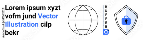 Globe representing connectivity, shield with padlock for cybersecurity, vertical text for branding. Ideal for technology, internet safety, global reach, web design, data protection, software flat