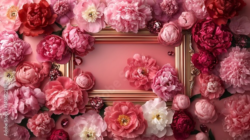 A decorative rose gold frame surrounded by peonies in various shades of pink, resting on a mirrored tray with scattered gemstones. Created Using: beauty editorial setup, jewelry-inspired highlights,