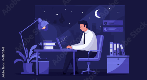Businessman working late at night on a laptop, emphasizing dedication and productivity in a modern workspace