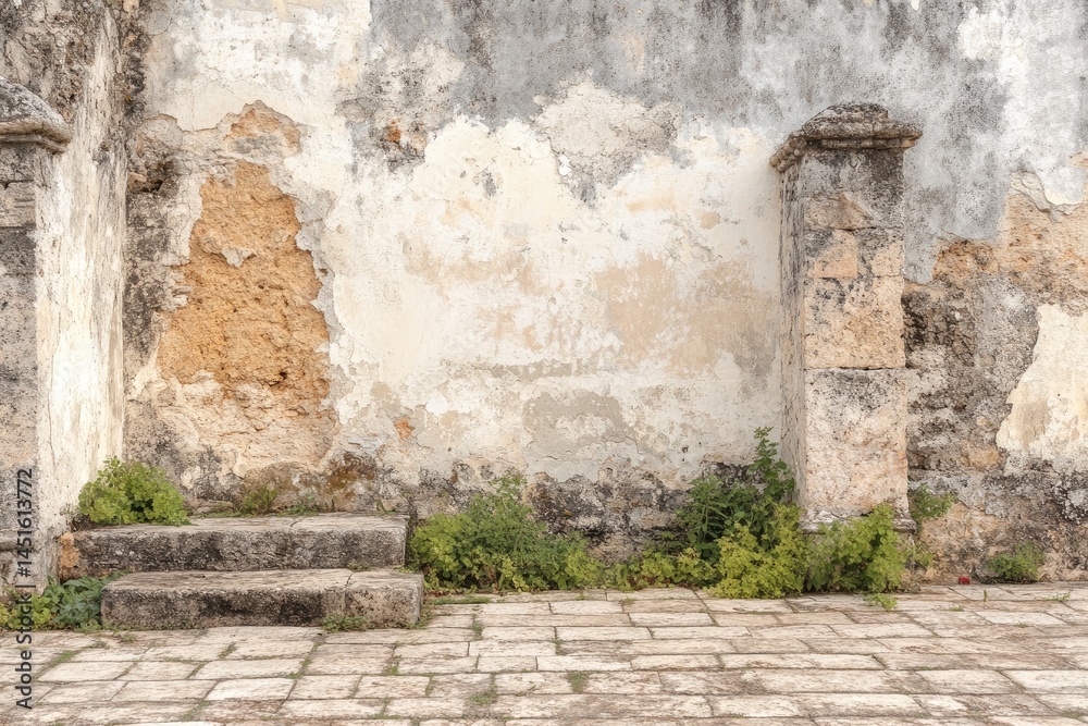 Weathered stone wall, steps, and paving Weathered stone wall, steps, and paving