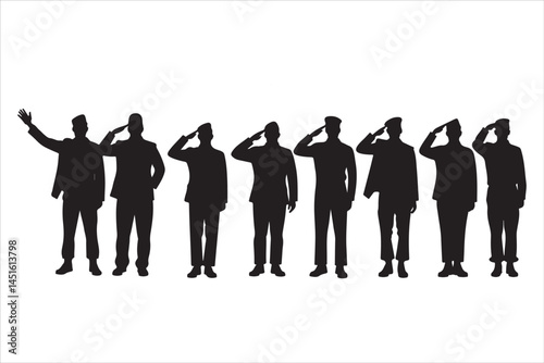 Silhouette of Saluting Soldiers and Officers in Uniform