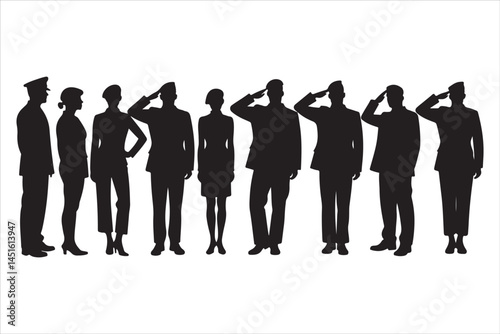Silhouette of Saluting Soldiers and Officers in Uniform