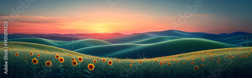 Vibrant sunflower field at twilight. Rolling hills under soft colors and cinematic lighting. Perfect for summer promotions, tranquil backgrounds, or inspirational designs.