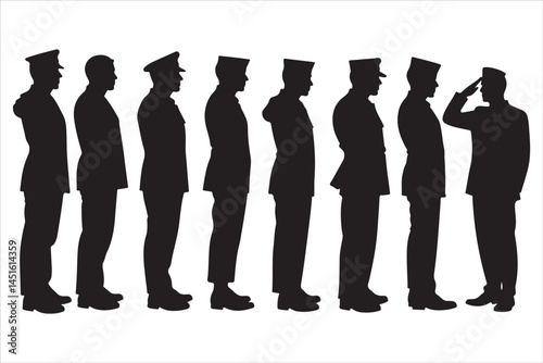 Silhouette of Saluting Soldiers and Officers in Uniform