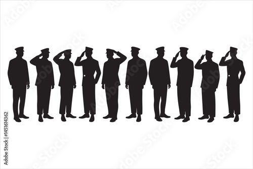 Silhouette of Saluting Soldiers and Officers in Uniform