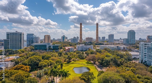 Cityscape with park and pond, showcasing a mix of modern and older architecture.  Densely populated urban area interspersed with greenery