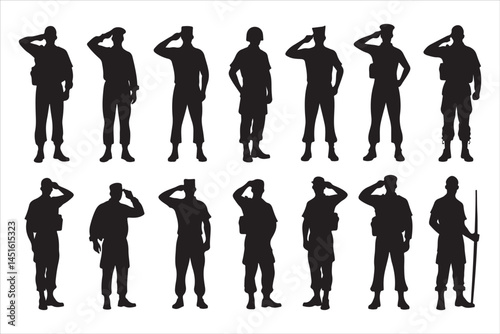 Silhouette of Saluting Soldiers and Officers in Uniform