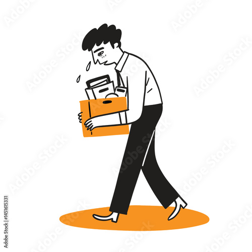 Hand-drawn vector illustration a employee who was fired from his job walks sadly holding a box of personal belongings.