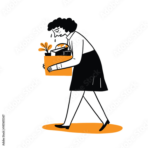 Hand-drawn vector illustration a employee who was fired from his job walks sadly holding a box of personal belongings.