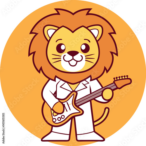 Cartoon Lion Character Wearing a White Suit, Holding an Electric Guitar, and Standing Against a Bold Orange Circular Background