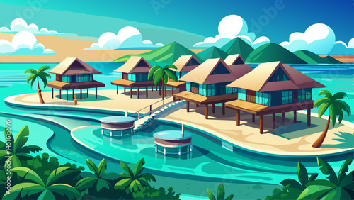 Crystal-clear turquoise waters surround the overwater bungalows of a secluded Maldivian island