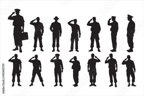 Silhouette of Saluting Soldiers and Officers in Uniform