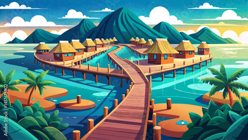 Wooden boardwalks stretch over the shallow lagoon, connecting villas to a central island resort