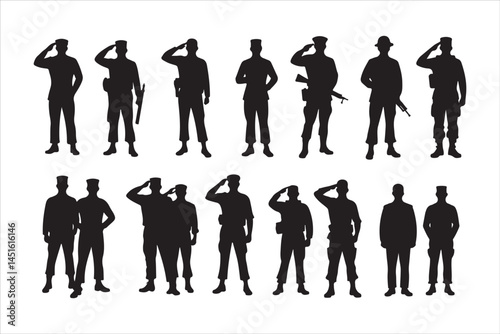 Silhouette of Saluting Soldiers and Officers in Uniform