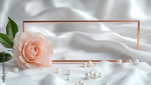 A minimalist backdrop with a sleek rose gold frame and a single blush flower resting beside scattered pearls on white velvet. Created Using: clean composition, minimal design approach, soft textures,
