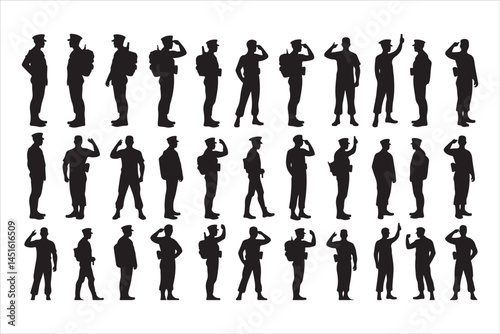 Silhouette of Saluting Soldiers and Officers in Uniform