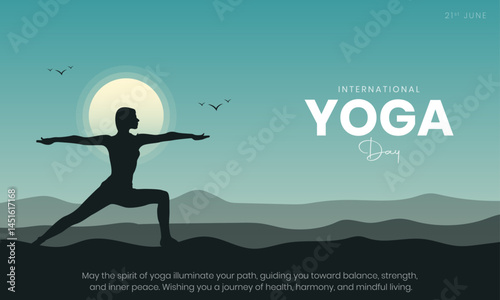 21 June - International Yoga Day Banner and Greeting Card Design. Yoga Day Creative Background with Yoga Pose Silhouette Vector Illustration