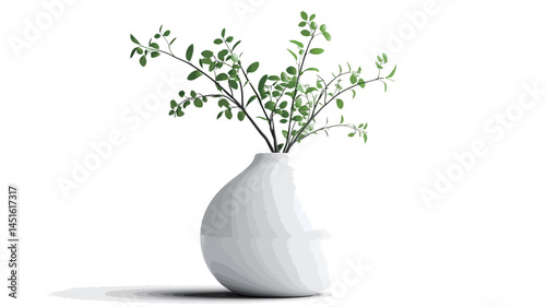 A high-key studio photo shows a smooth pearlescent white ceramic vase, featuring a rounded, spherical shape, sitting in the center of a pure white background. The vase contains several pieces.