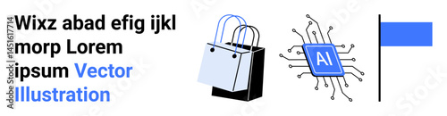 Shopping bags and microchip labeled AI depict the merge of retail and technology. Ideal for retail, e-commerce, AI in shopping, tech innovation, digital economy, marketing, flat landing page banner