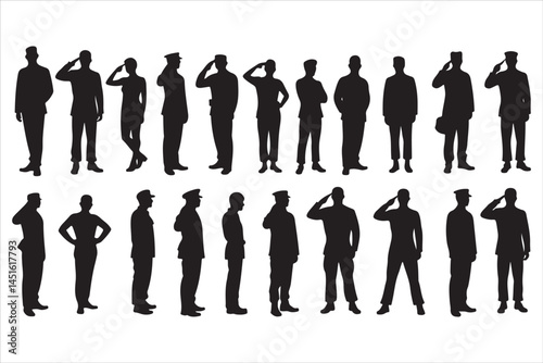 Silhouette of Saluting Soldiers and Officers in Uniform