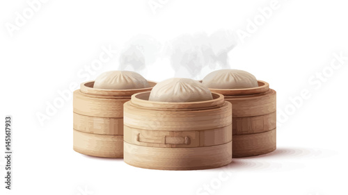 Studio close-up: Three round light-colored buns, placed in a light brown bamboo steamer. Each bun displays subtle textural details, making it feel soft and fluffy.